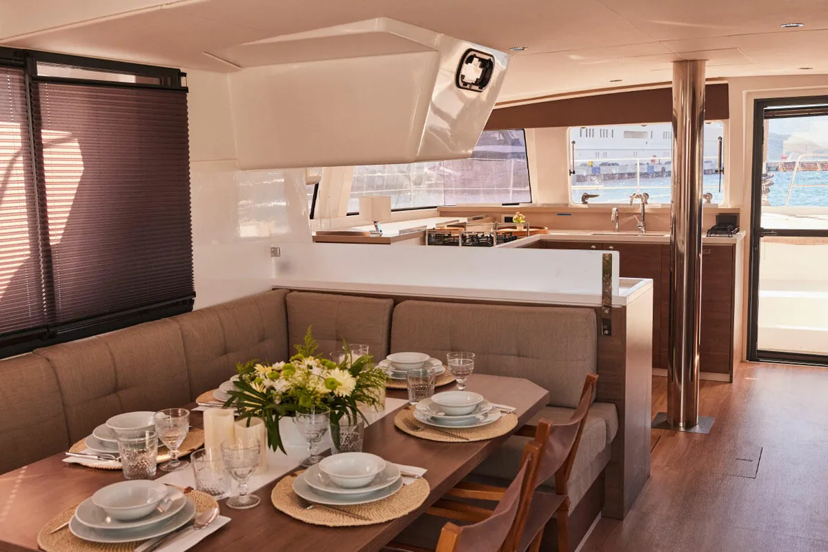 Salon of Ediba Libra, a Bali 4.4 catamaran at Marmaris, Turkey