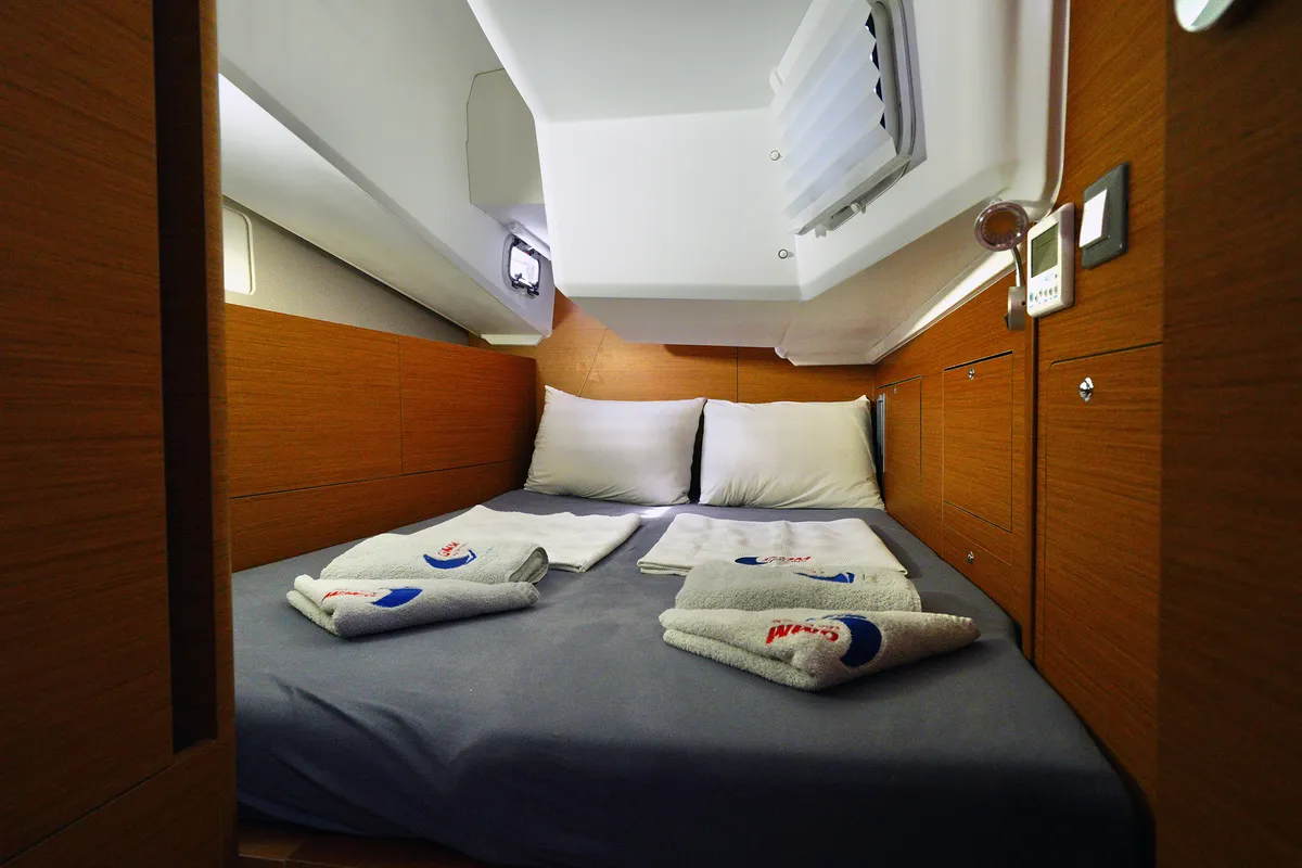 Cabin on Sail Me, a Jeanneau Sun Odyssey 410 sailboat at Marmaris, Turkey