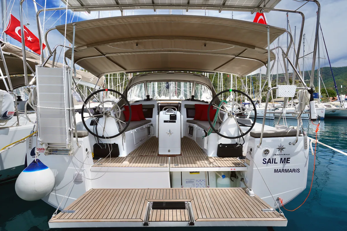 Cockpit of Sail Me, a Jeanneau Sun Odyssey 410 sailboat at Marmaris, Turkey