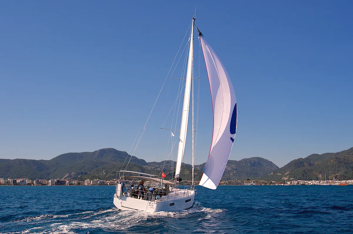 Exterior view of Sail Me, a Jeanneau Sun Odyssey 410 sailboat at Marmaris, Turkey