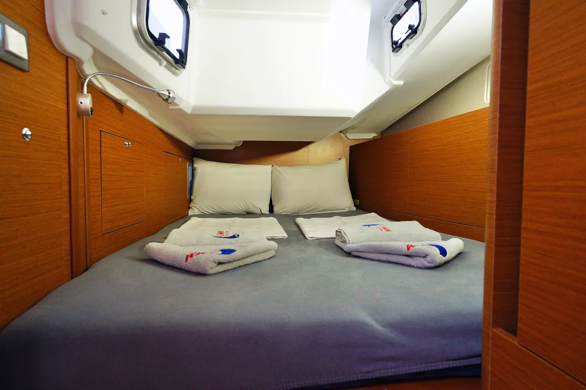 Cabin on Sail Me, a Jeanneau Sun Odyssey 410 sailboat at Marmaris, Turkey