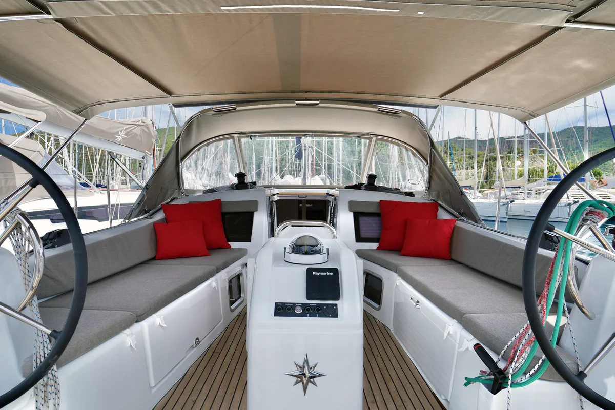 Cockpit of Sail Me, a Jeanneau Sun Odyssey 410 sailboat at Marmaris, Turkey