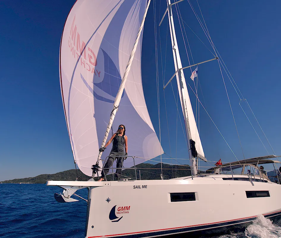 Exterior view of Sail Me, a Jeanneau Sun Odyssey 410 sailboat at Marmaris, Turkey