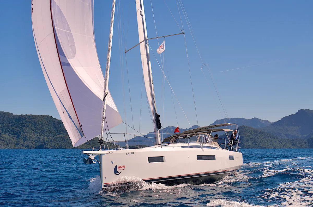 Exterior view of Sail Me, a Jeanneau Sun Odyssey 410 sailboat at Marmaris, Turkey