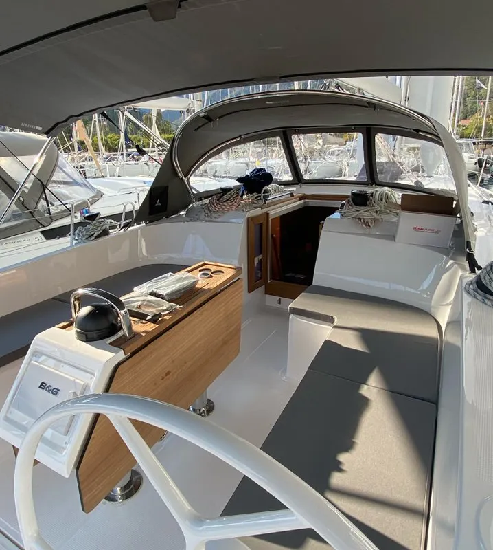 Deck of Northberry, a Bavaria Cruiser 41 sailboat at Fethiye, Turkey