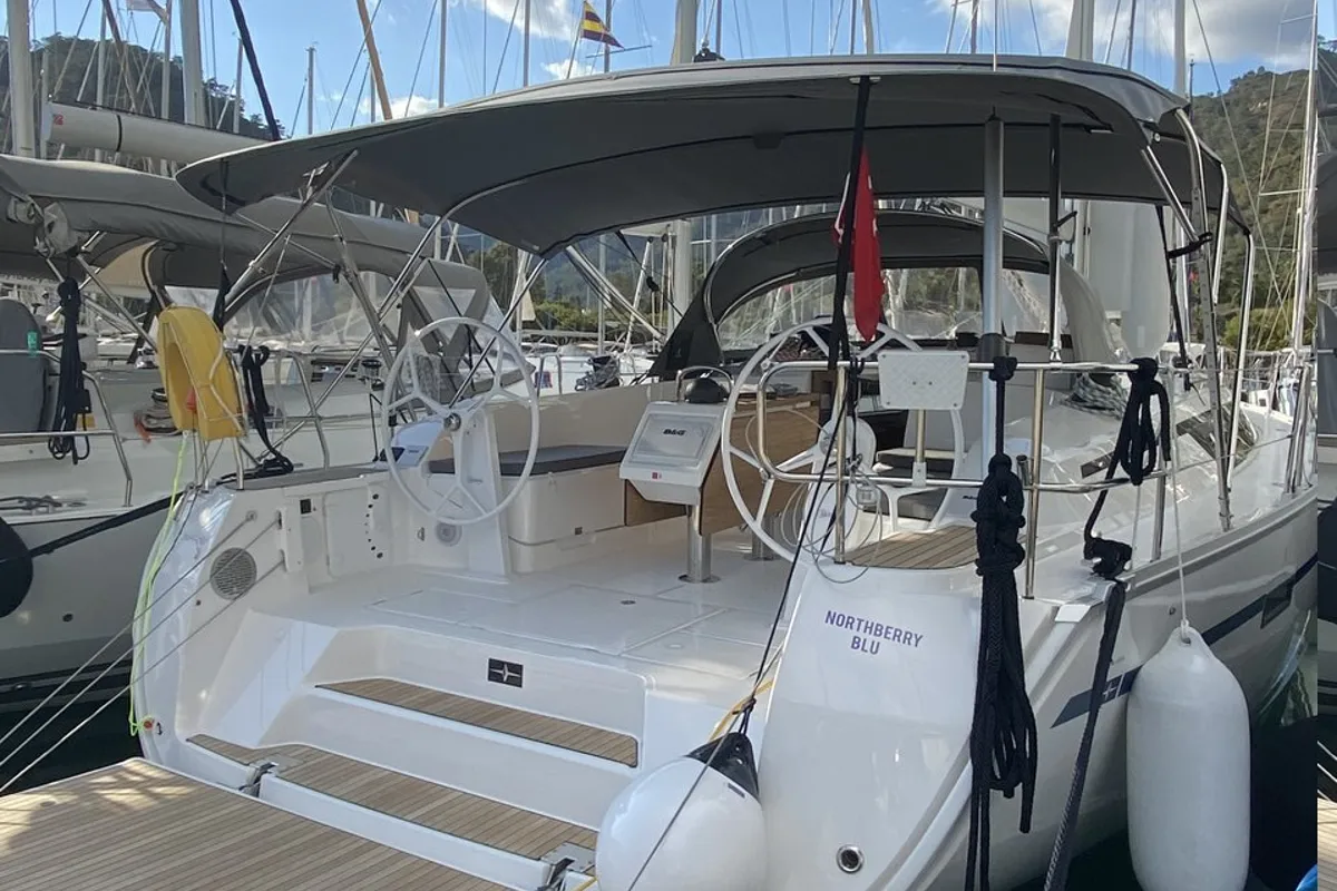 Exterior view of Northberry, a Bavaria Cruiser 41 sailboat at Fethiye, Turkey