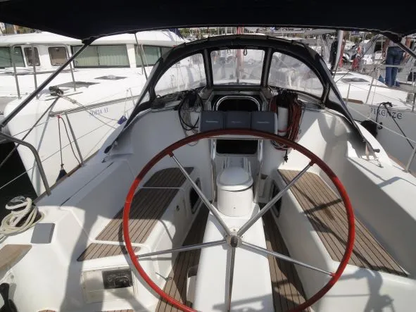 Cockpit of Celeste, a Jeanneau Sun Odyssey 36i sailboat at Lavreotiki Municipal Unit, Greece