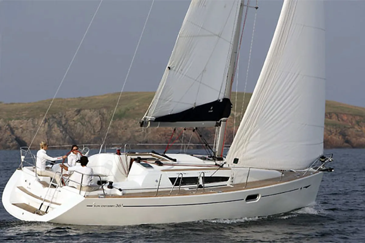 Exterior view of Celeste, a Jeanneau Sun Odyssey 36i sailboat at Lavreotiki Municipal Unit, Greece