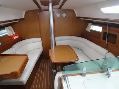 Salon of Celeste, a Jeanneau Sun Odyssey 36i sailboat at Lavreotiki Municipal Unit, Greece