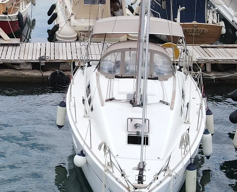 Exterior view of Celeste, a Jeanneau Sun Odyssey 36i sailboat at Lavreotiki Municipal Unit, Greece