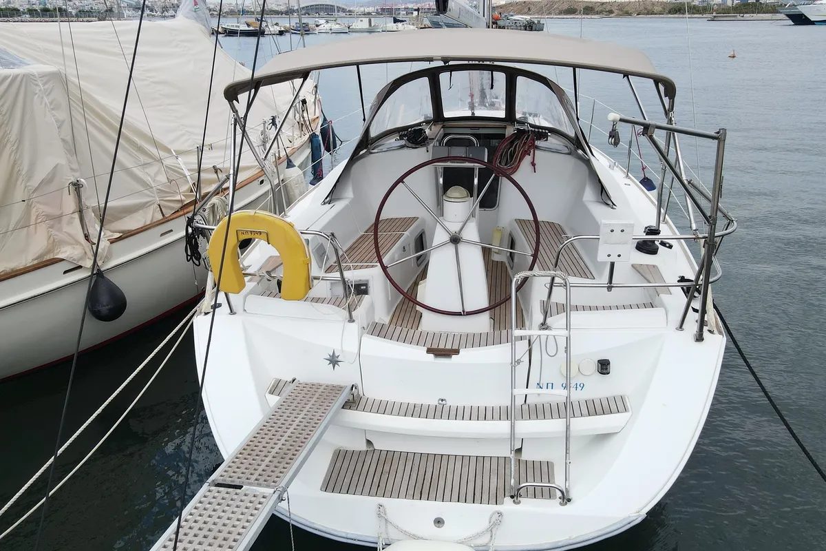 Exterior view of Celeste, a Jeanneau Sun Odyssey 36i sailboat at Lavreotiki Municipal Unit, Greece