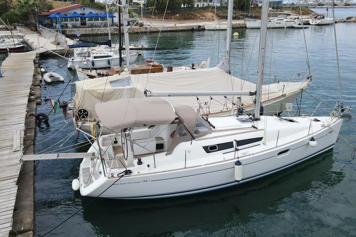 Exterior view of Celeste, a Jeanneau Sun Odyssey 36i sailboat at Lavreotiki Municipal Unit, Greece