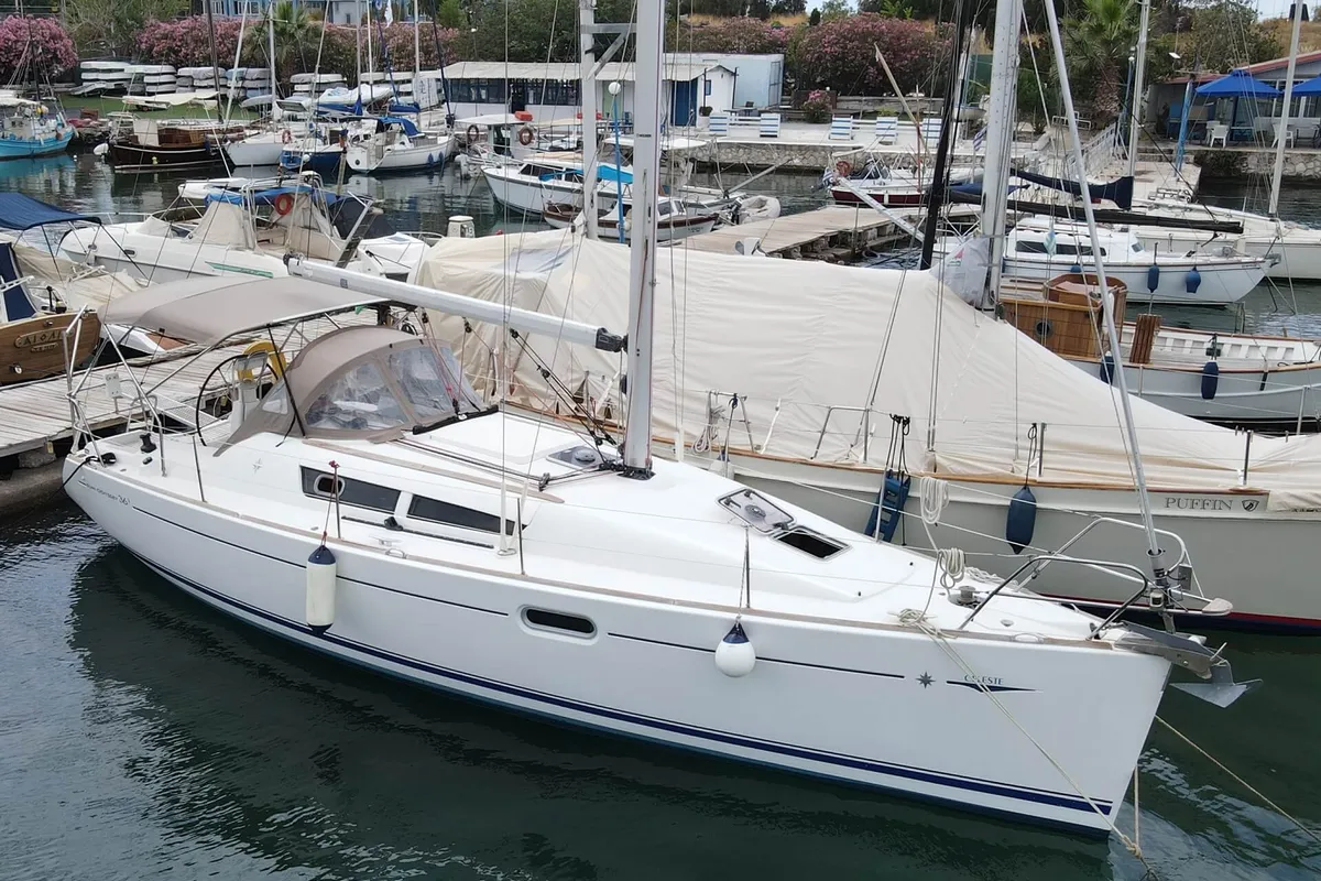 Exterior view of Celeste, a Jeanneau Sun Odyssey 36i sailboat at Lavreotiki Municipal Unit, Greece