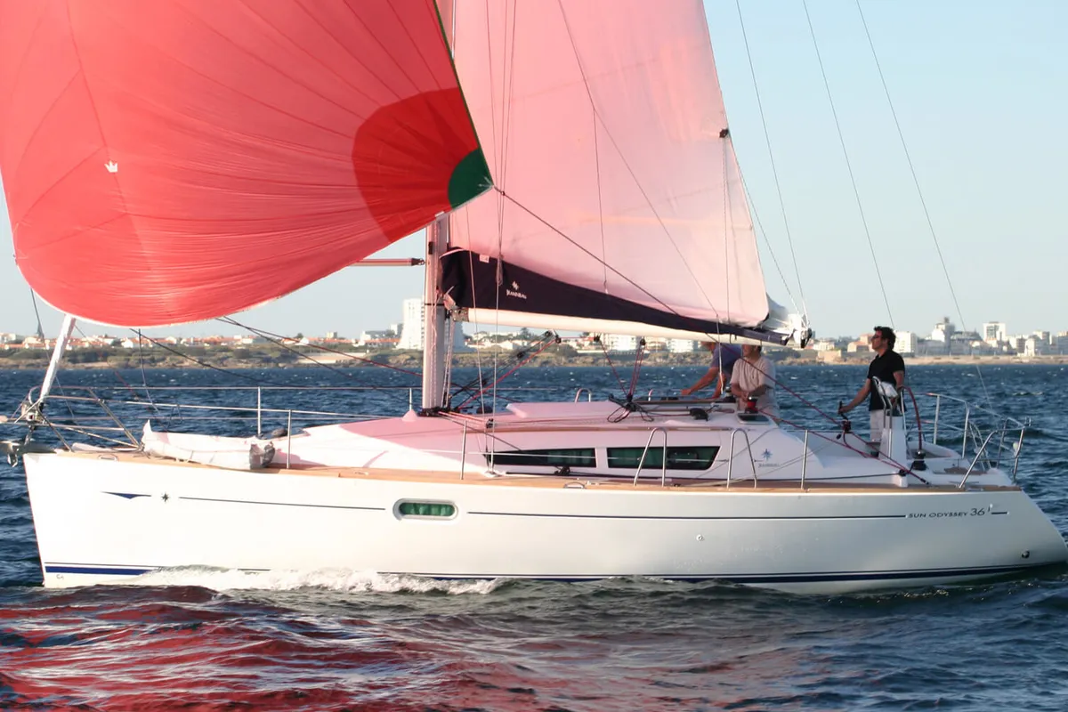 Exterior view of Celeste, a Jeanneau Sun Odyssey 36i sailboat at Lavreotiki Municipal Unit, Greece