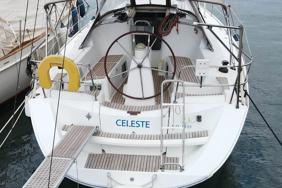 Deck of Celeste, a Jeanneau Sun Odyssey 36i sailboat at Lavreotiki Municipal Unit, Greece