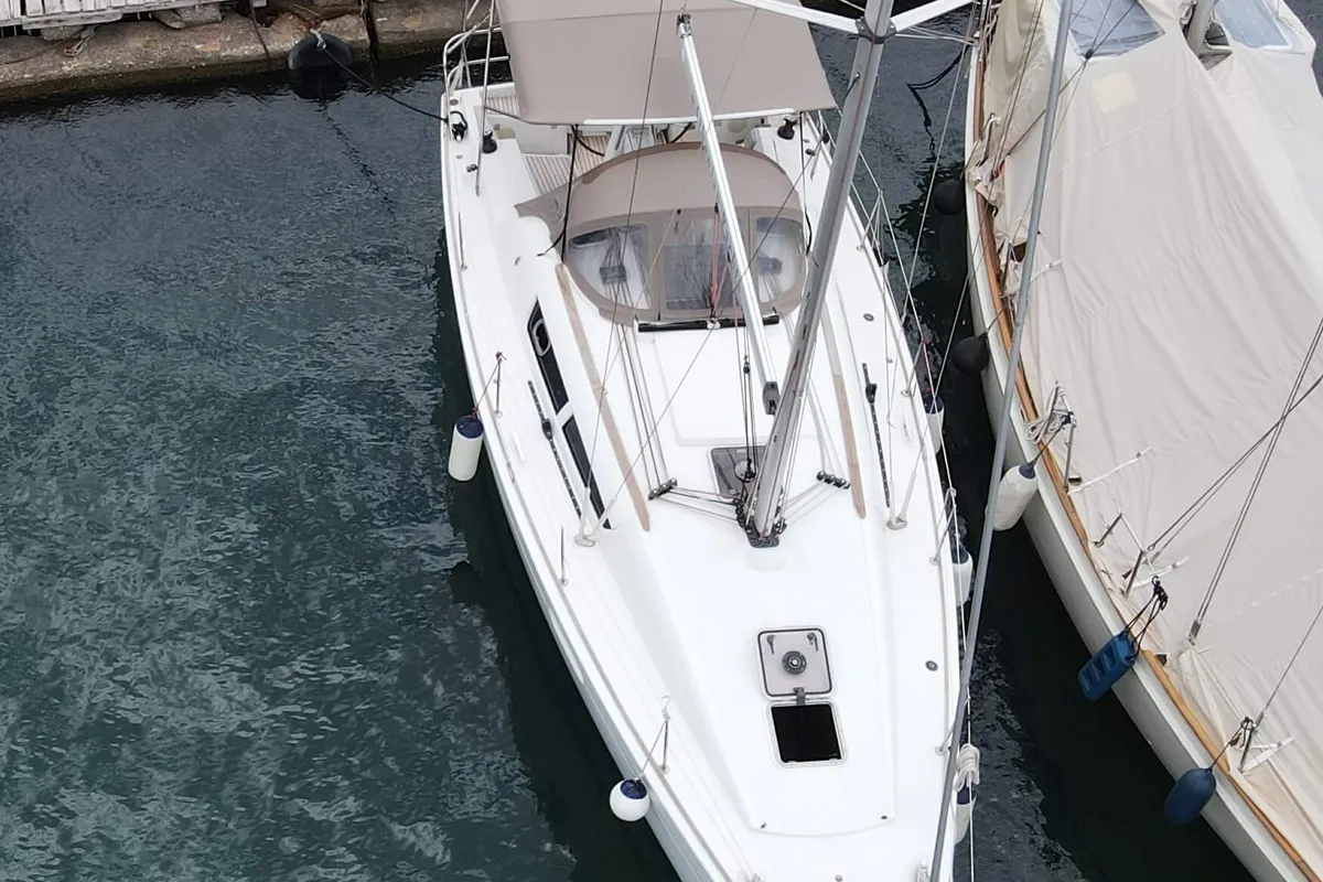 Exterior view of Celeste, a Jeanneau Sun Odyssey 36i sailboat at Lavreotiki Municipal Unit, Greece