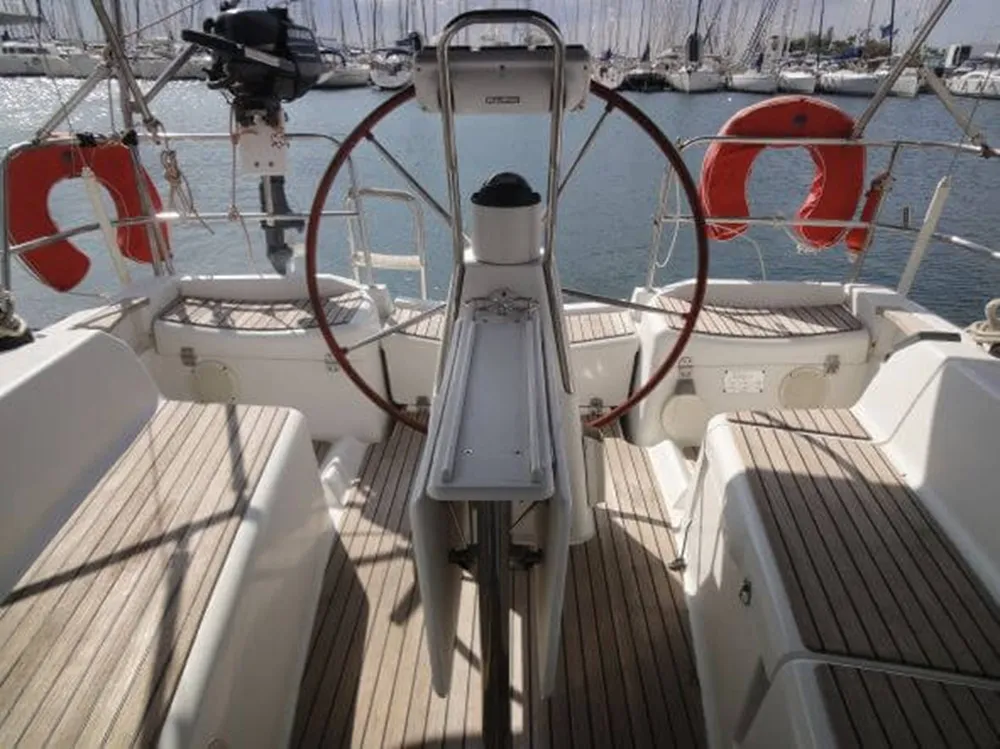 Cockpit of Celeste, a Jeanneau Sun Odyssey 36i sailboat at Lavreotiki Municipal Unit, Greece