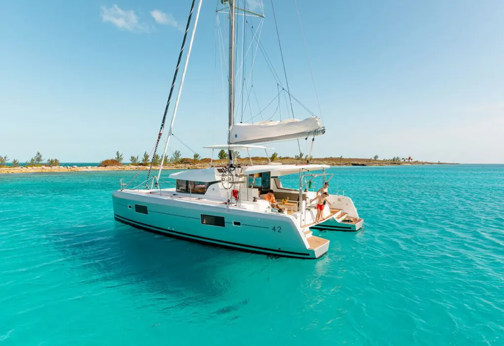 Exterior view of Midas, a Lagoon 42 catamaran at Athens, Greece
