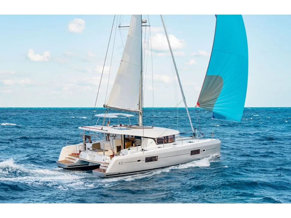 Exterior view of Midas, a Lagoon 42 catamaran at Athens, Greece