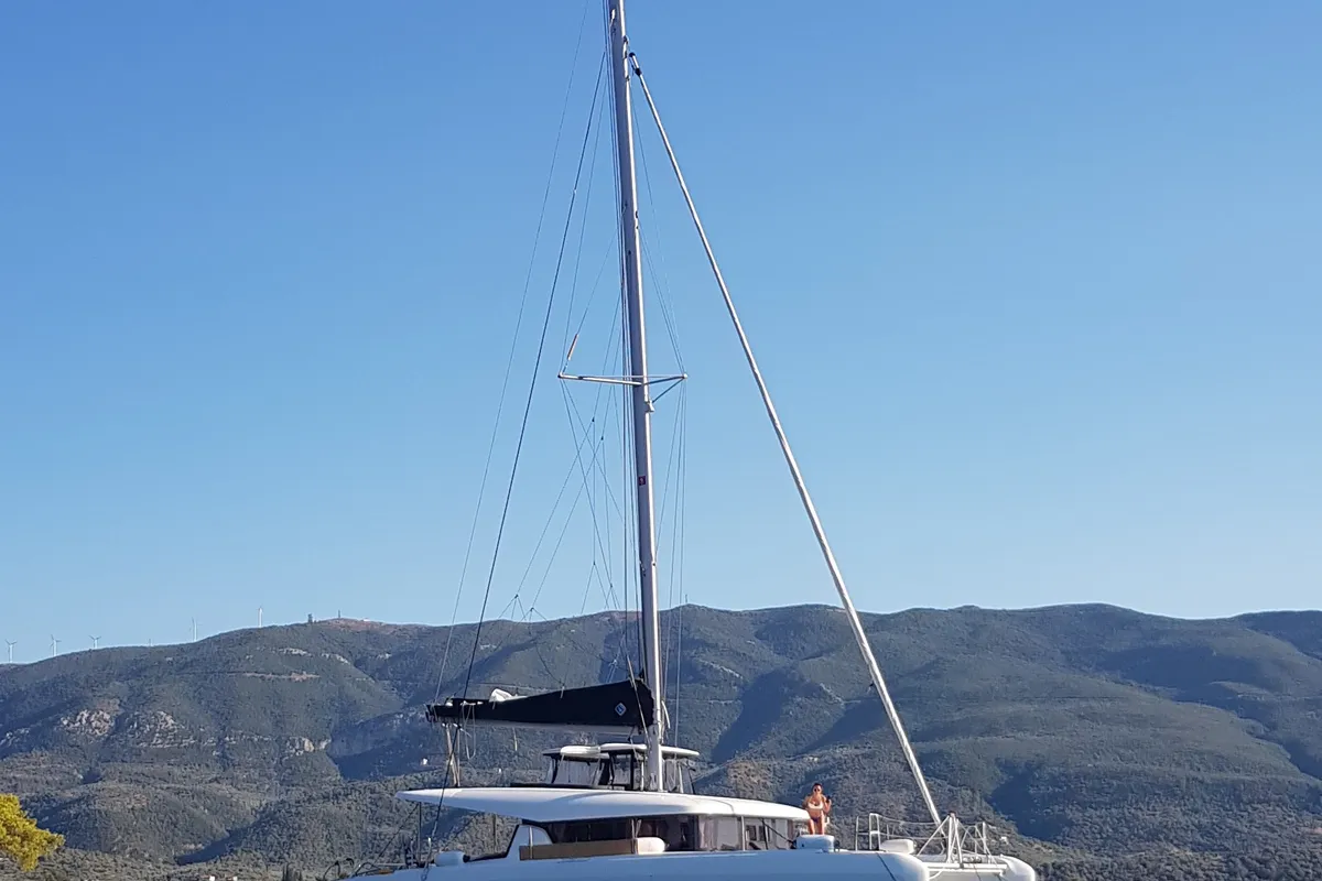 Exterior view of Midas, a Lagoon 42 catamaran at Athens, Greece