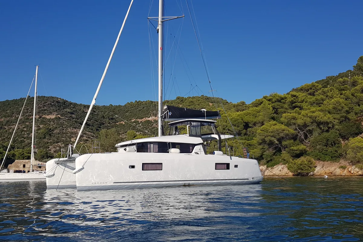 Exterior view of Midas, a Lagoon 42 catamaran at Athens, Greece