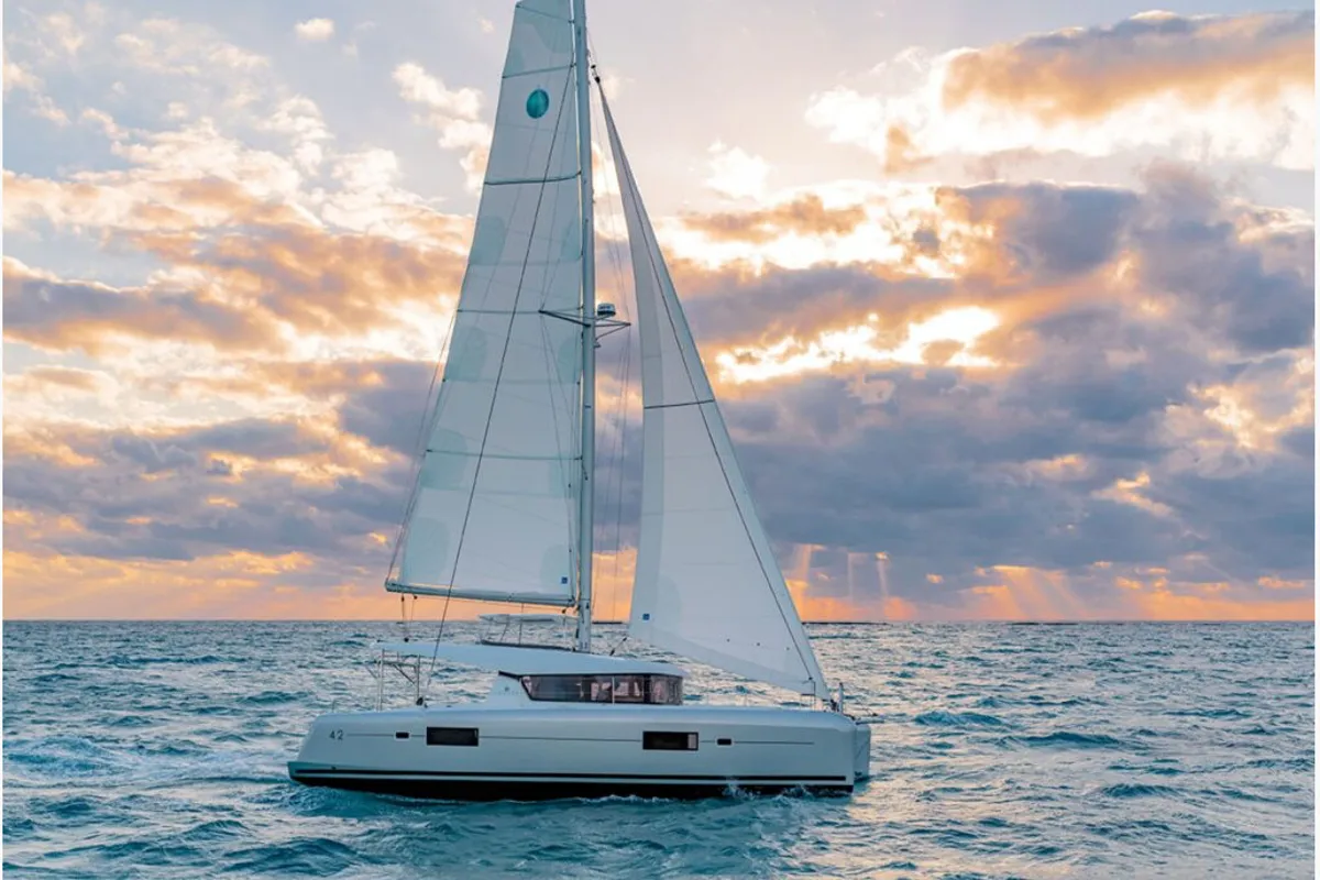 Exterior view of Midas, a Lagoon 42 catamaran at Athens, Greece