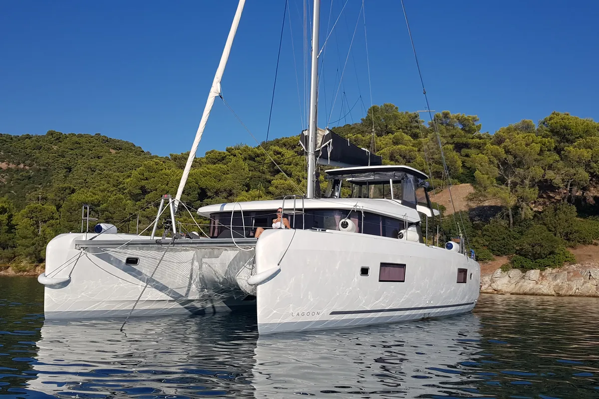 Exterior view of Midas, a Lagoon 42 catamaran at Athens, Greece