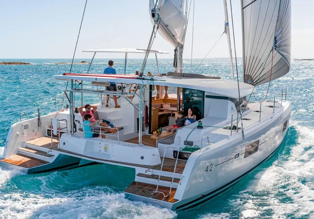 Exterior view of Midas, a Lagoon 42 catamaran at Athens, Greece