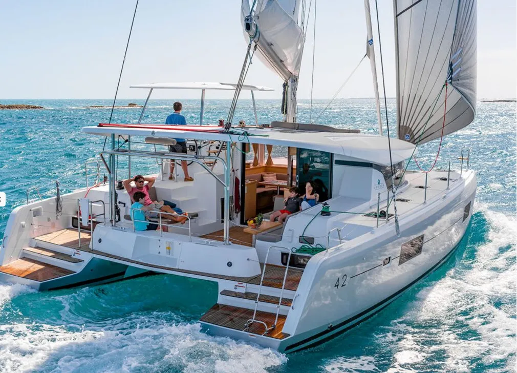 Exterior view of Midas, a Lagoon 42 catamaran at Athens, Greece