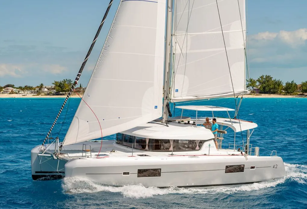 Exterior view of Midas, a Lagoon 42 catamaran at Athens, Greece