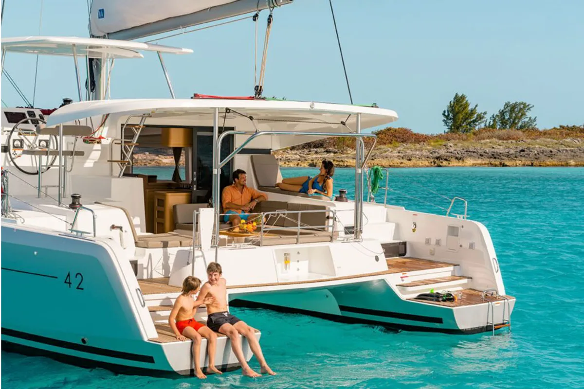 Exterior view of Midas, a Lagoon 42 catamaran at Athens, Greece