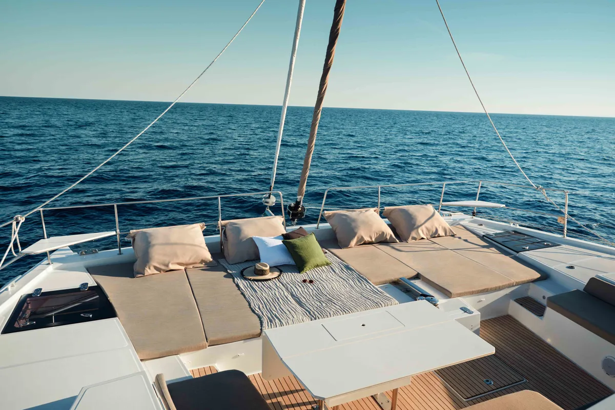 Deck of MIM OCEAN 2, a Bali 5.4 catamaran at Port d'Andratx, Spain
