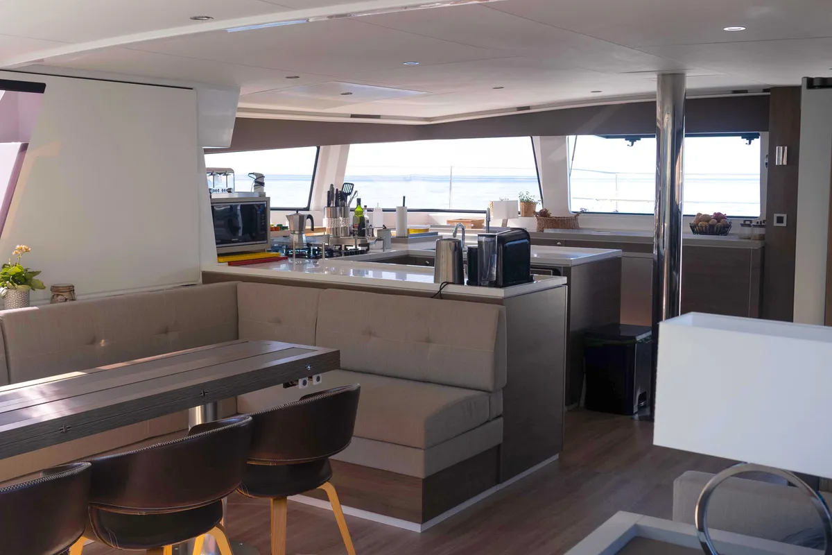 Salon of MIM OCEAN 2, a Bali 5.4 catamaran at Port d'Andratx, Spain