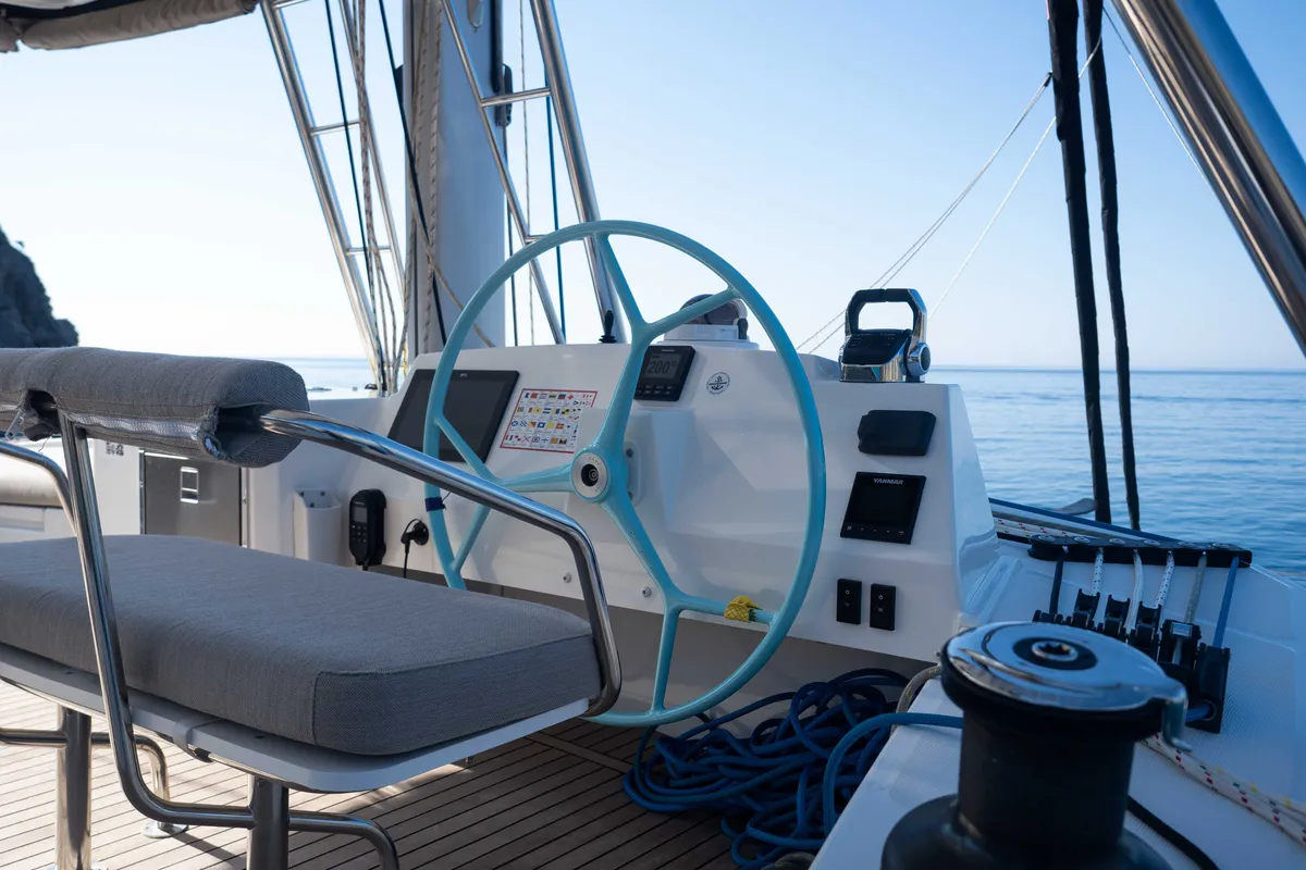 Cockpit of MIM OCEAN 2, a Bali 5.4 catamaran at Port d'Andratx, Spain