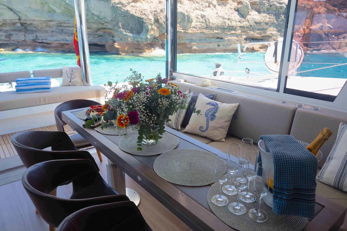 Salon of MIM OCEAN 2, a Bali 5.4 catamaran at Port d'Andratx, Spain