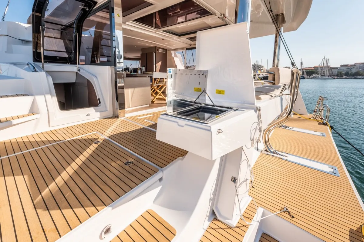 Deck of MIM OCEAN 2, a Bali 5.4 catamaran at Port d'Andratx, Spain