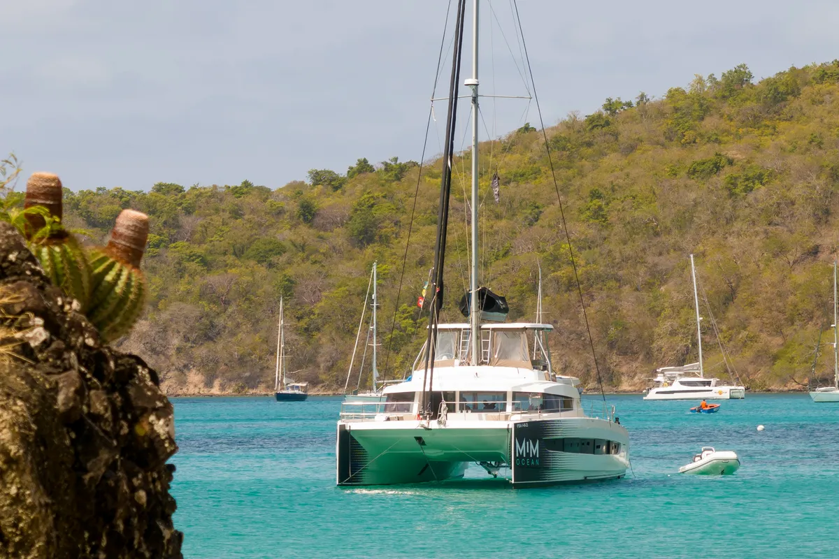 Exterior view of MIM OCEAN 2, a Bali 5.4 catamaran at Port d'Andratx, Spain