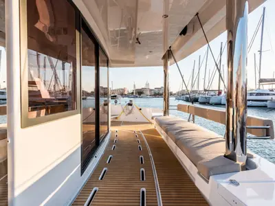 Deck of MIM OCEAN 2, a Bali 5.4 catamaran at Port d'Andratx, Spain