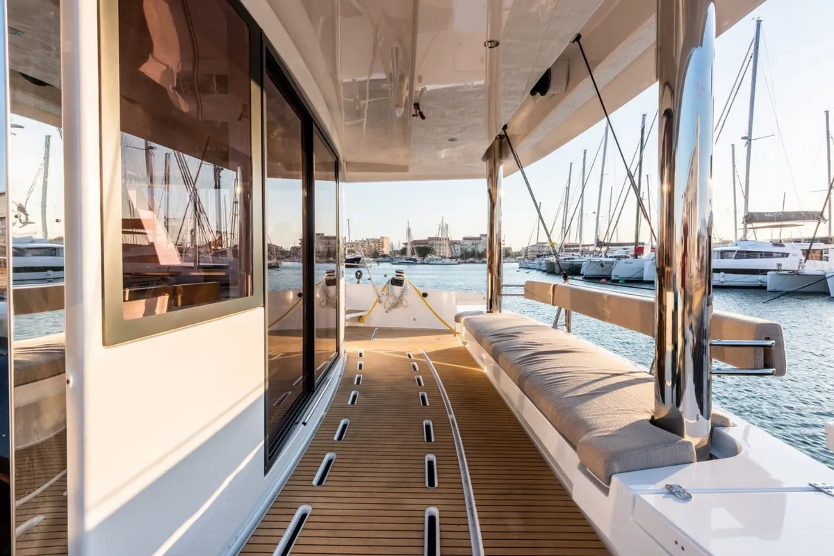 Deck of MIM OCEAN 2, a Bali 5.4 catamaran at Port d'Andratx, Spain