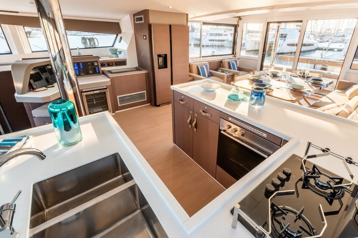 Galley of MIM OCEAN 2, a Bali 5.4 catamaran at Port d'Andratx, Spain
