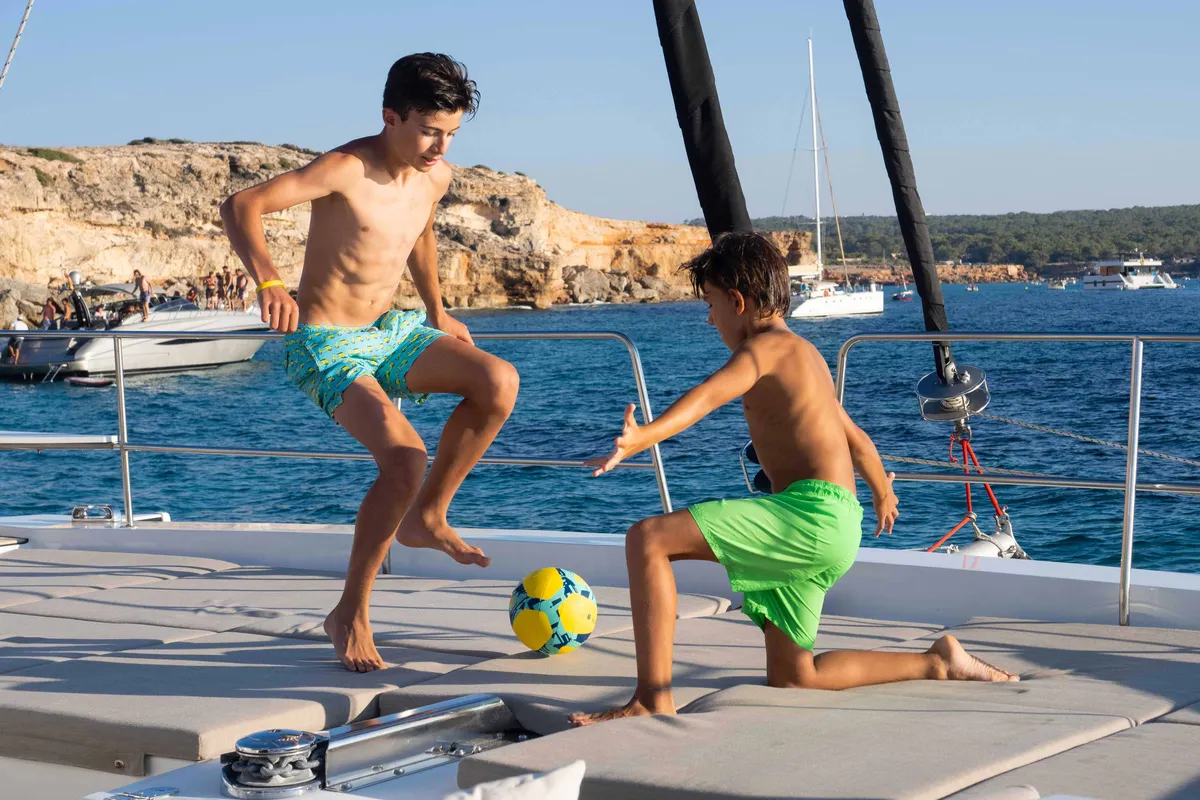 Deck of MIM OCEAN 2, a Bali 5.4 catamaran at Port d'Andratx, Spain