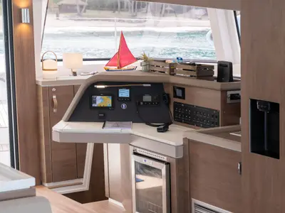 Cockpit of MIM OCEAN 2, a Bali 5.4 catamaran at Port d'Andratx, Spain