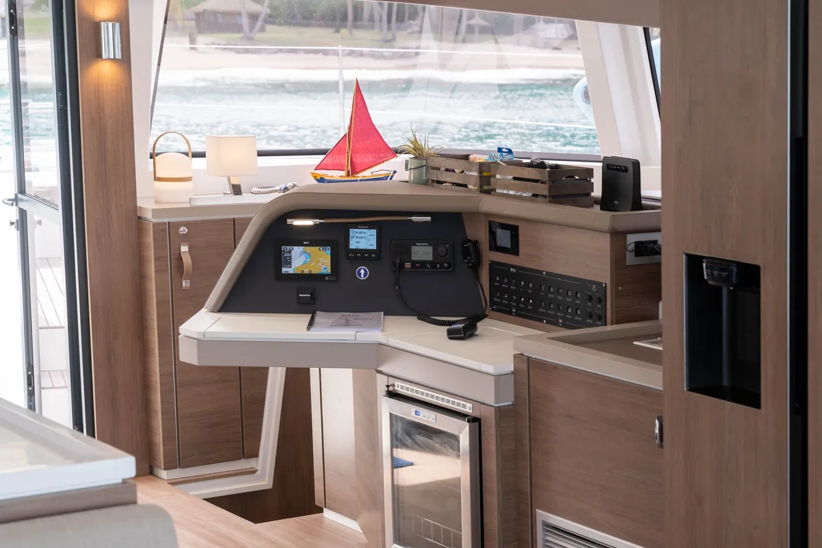 Cockpit of MIM OCEAN 2, a Bali 5.4 catamaran at Port d'Andratx, Spain