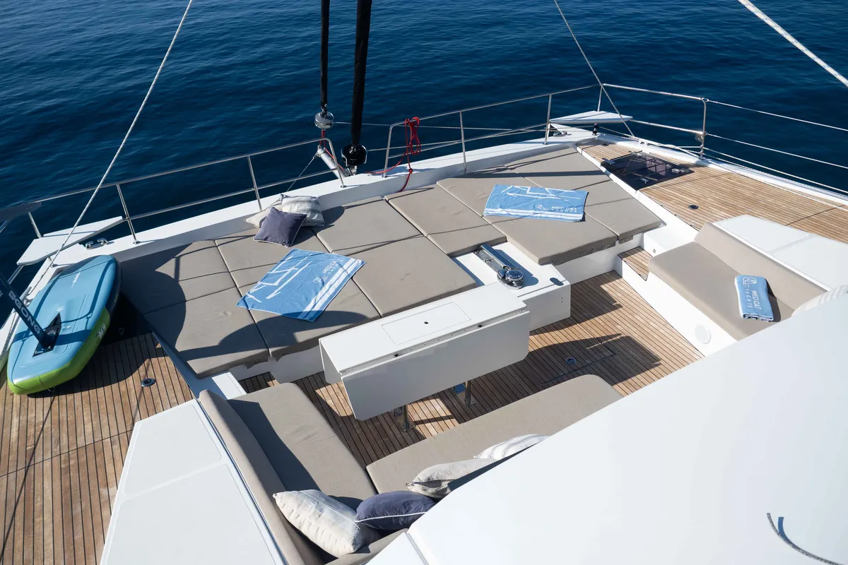 Deck of MIM OCEAN 2, a Bali 5.4 catamaran at Port d'Andratx, Spain