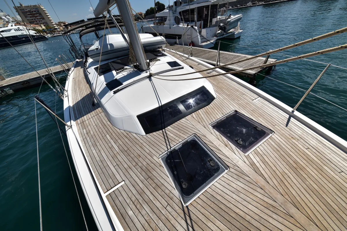 Deck of La Familia, a Dufour 470 sailboat at Zadar, Croatia