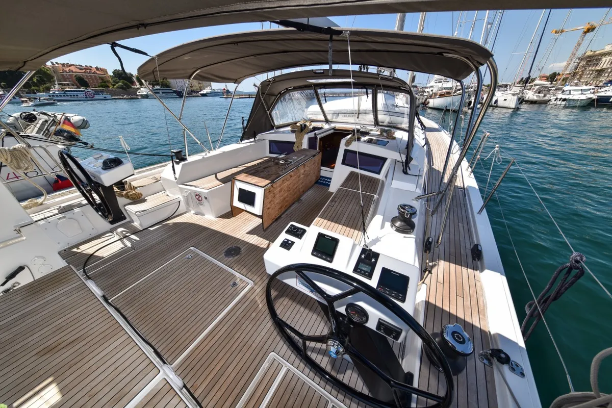Deck of La Familia, a Dufour 470 sailboat at Zadar, Croatia