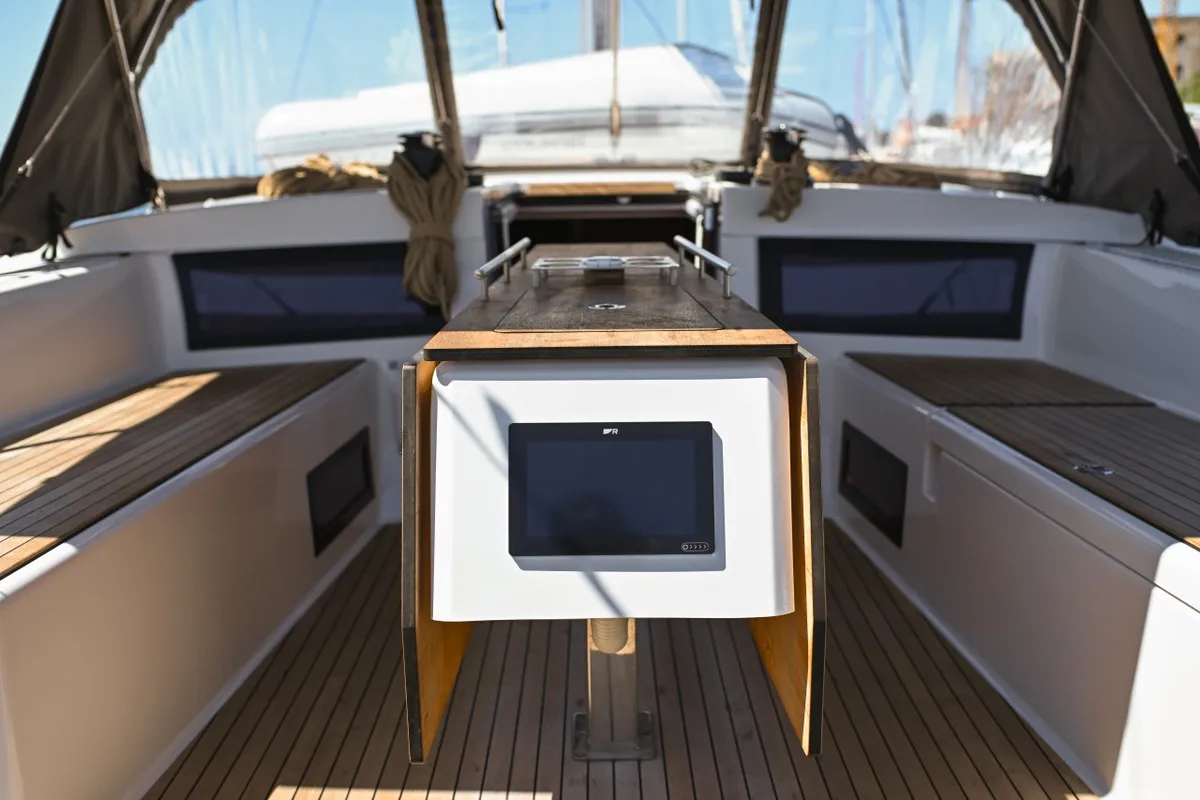 Deck of La Familia, a Dufour 470 sailboat at Zadar, Croatia