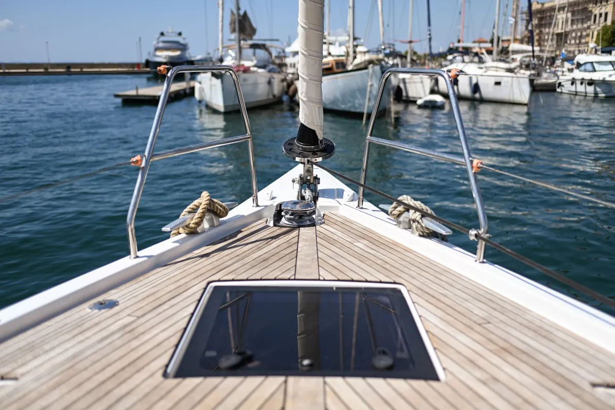 Deck of La Familia, a Dufour 470 sailboat at Zadar, Croatia