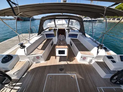 Deck of La Familia, a Dufour 470 sailboat at Zadar, Croatia
