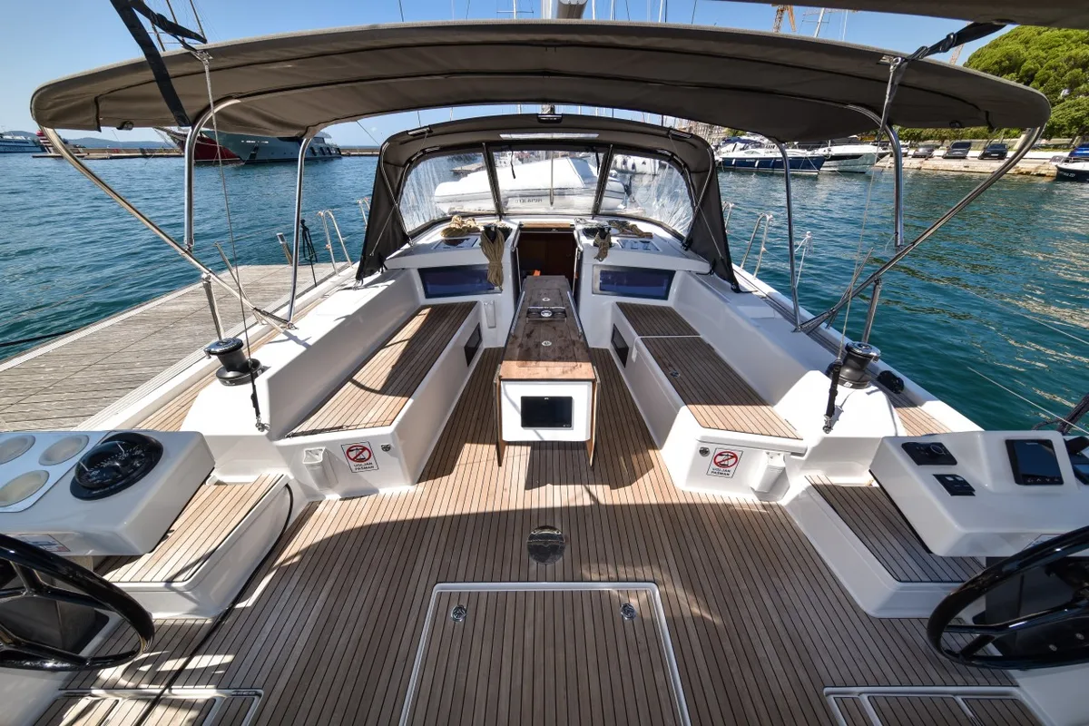 Deck of La Familia, a Dufour 470 sailboat at Zadar, Croatia